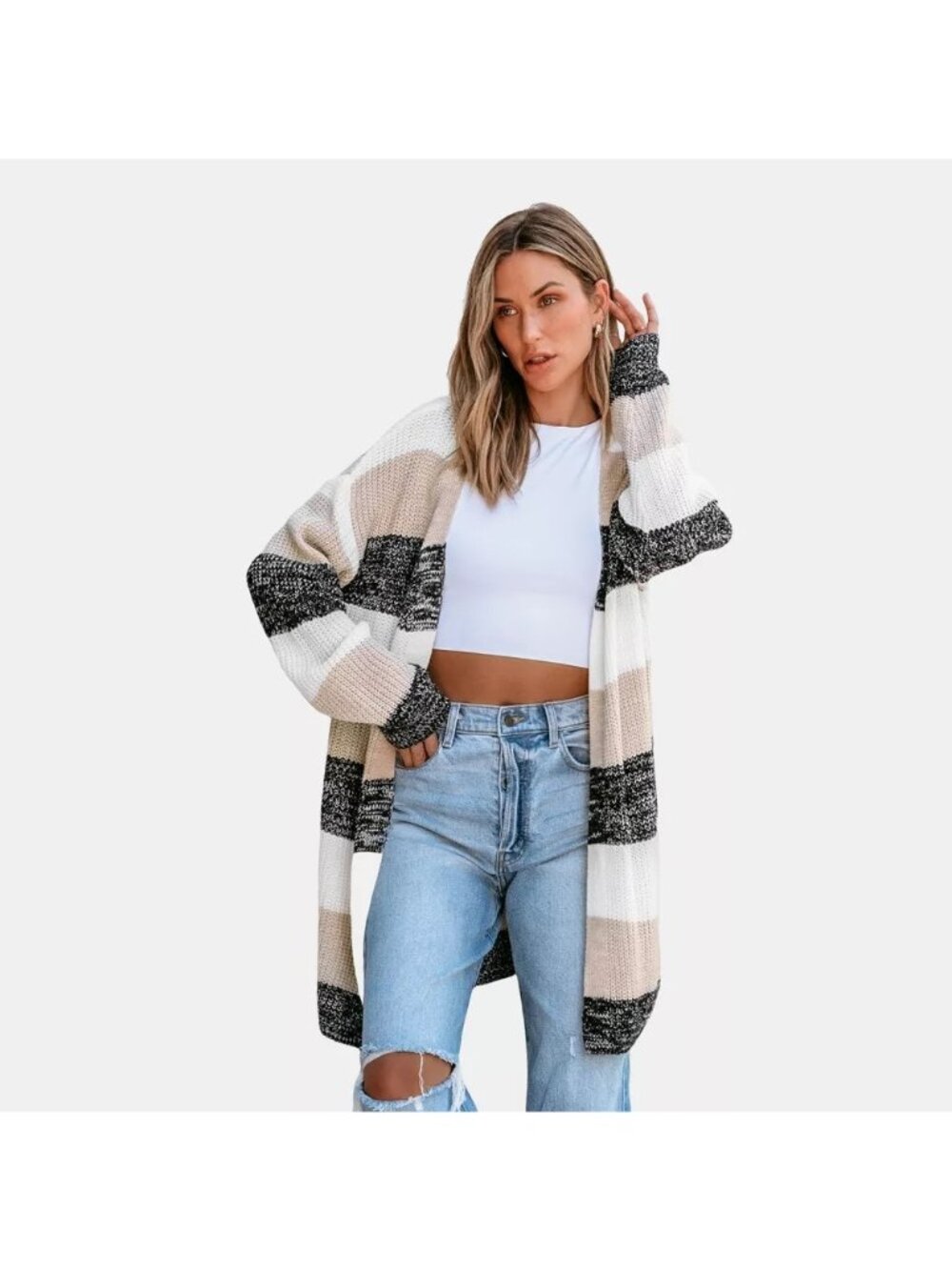 Cupshe Gray & Khaki Striped Very Soft Knit Longline Cardigan Sweater -- Large